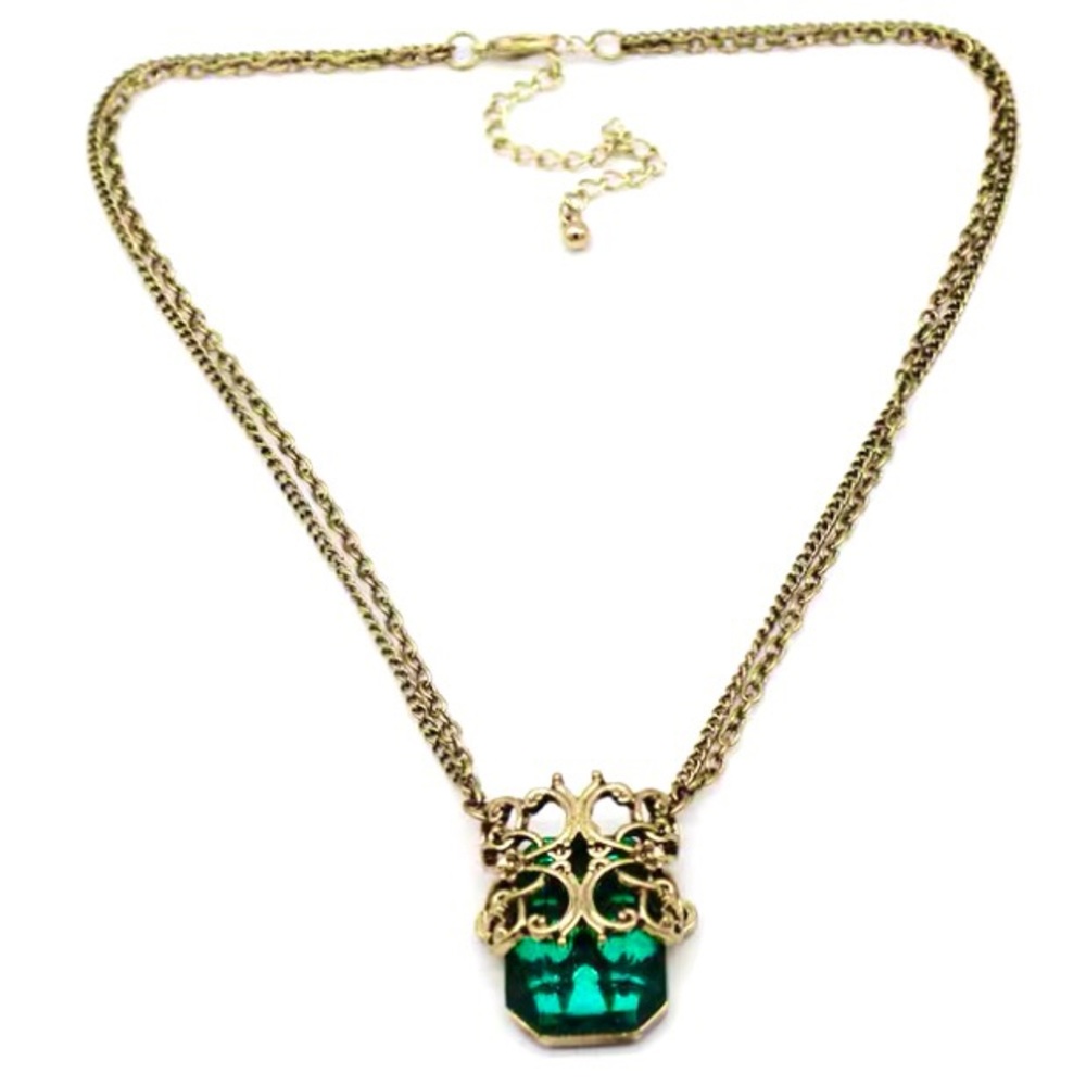 Elegant Vintage Look Green Resin Pendant Double Chain Necklace - Picture 4 of 12